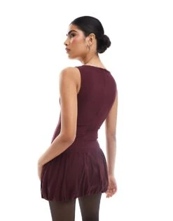 Bershka Puffball Hem Mini Dress In Burgundy For Women -Chic Maze Sales 207683351 4