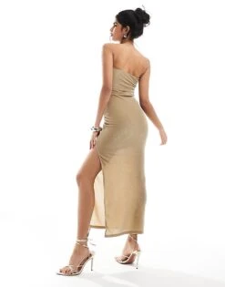Bershka Ruched Side Bandeau Bodycon Maxi Dress In Gold Glitter For Women -Chic Maze Sales 207742315 2