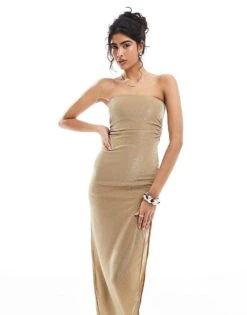Bershka Ruched Side Bandeau Bodycon Maxi Dress In Gold Glitter For Women -Chic Maze Sales 207742315 4