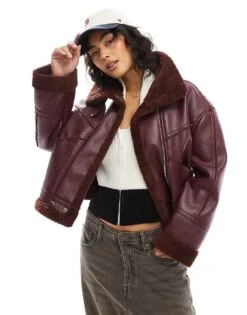 Bershka Shearling Oversized Jacket In Burgundy For Women -Chic Maze Sales 207742322 1 burgundy 1