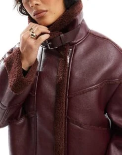 Bershka Shearling Oversized Jacket In Burgundy For Women -Chic Maze Sales 207742322 3