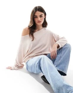 Bershka Off The Shoulder Oversized Jumper In Baby Pink For Women