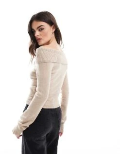 Bershka Bardot Knitted Jumper In Taupe For Women -Chic Maze Sales 207789068 4