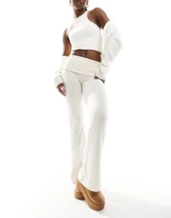 Bershka Fold Over Waistband Soft Touch Flared Trousers In Ecru For Women Neutral -Chic Maze Sales 207789317 1 neutral 1