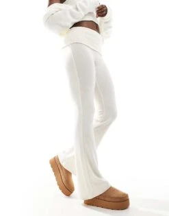 Bershka Fold Over Waistband Soft Touch Flared Trousers In Ecru For Women Neutral -Chic Maze Sales 207789317 2
