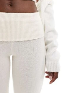 Bershka Fold Over Waistband Soft Touch Flared Trousers In Ecru For Women Neutral -Chic Maze Sales 207789317 4