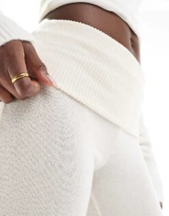 Bershka Fold Over Waistband Soft Touch Flared Trousers In Ecru For Women Neutral -Chic Maze Sales 207789317 5