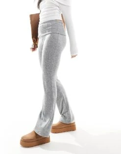 Bershka Fold Over Waistband Soft Touch Flared Trousers In Grey For Women -Chic Maze Sales 207789350 2