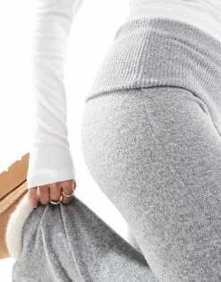 Bershka Fold Over Waistband Soft Touch Flared Trousers In Grey For Women -Chic Maze Sales 207789350 3