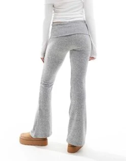 Bershka Fold Over Waistband Soft Touch Flared Trousers In Grey For Women -Chic Maze Sales 207789350 4