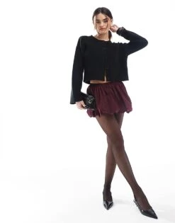 Bershka Puffball Mini Skirt In Burgundy For Women -Chic Maze Sales 207790092 1 burgundy 1