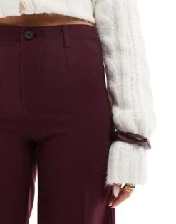 Bershka Wide Leg Tailored Trousers In Burgundy For Women -Chic Maze Sales 207829414 4