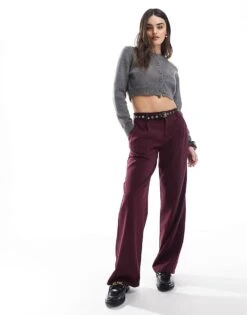 Bershka Low Waist Wide Leg Tailored Trousers In Burgundy For Women -Chic Maze Sales 207830459 1 burgundy 1