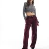 Bershka Low Waist Wide Leg Tailored Trousers In Burgundy For Women -Chic Maze Sales 207830459 1 burgundy