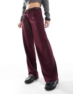 Bershka Low Waist Wide Leg Tailored Trousers In Burgundy For Women -Chic Maze Sales 207830459 2