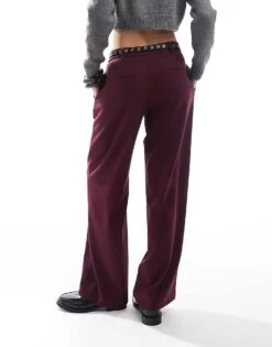Bershka Low Waist Wide Leg Tailored Trousers In Burgundy For Women -Chic Maze Sales 207830459 3