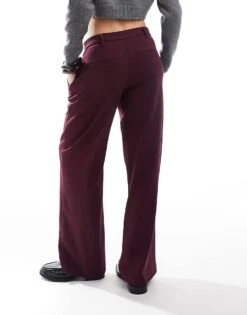 Bershka Low Waist Wide Leg Tailored Trousers In Burgundy For Women -Chic Maze Sales 207830459 5