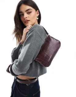 Bershka Croc Effect Shoulder Bag In Burgundy For Women