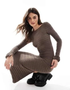 Bershka Low Back Knitted Midaxi Dress In Chocolate For Women Brown -Chic Maze Sales 207924530 1 brown 1