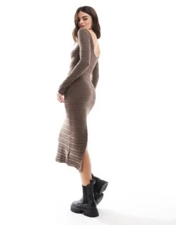 Bershka Low Back Knitted Midaxi Dress In Chocolate For Women Brown -Chic Maze Sales 207924530 2