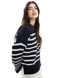 Bershka Chunky Crew Neck Jumper In Navy & Ecru Stripe For Women Navy -Chic Maze Sales 207932422 1 navy 1