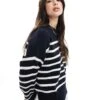 Bershka Chunky Crew Neck Jumper In Navy & Ecru Stripe For Women Navy -Chic Maze Sales 207932422 1 navy
