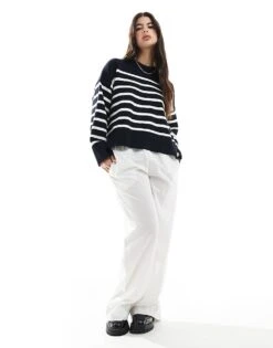 Bershka Chunky Crew Neck Jumper In Navy & Ecru Stripe For Women Navy -Chic Maze Sales 207932422 2