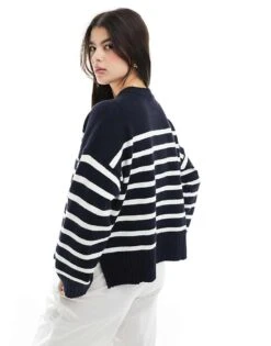 Bershka Chunky Crew Neck Jumper In Navy & Ecru Stripe For Women Navy -Chic Maze Sales 207932422 3