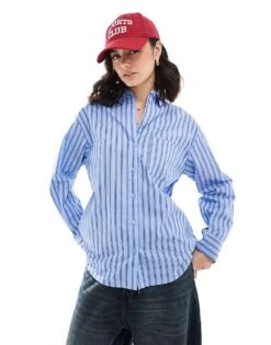 Bershka Oversized Shirt In Blue Pinstripe For Women -Chic Maze Sales 207963350 1 blue 1
