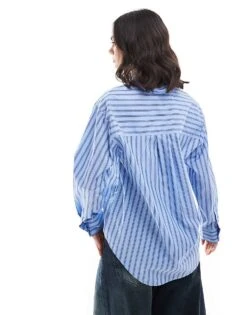 Bershka Oversized Shirt In Blue Pinstripe For Women -Chic Maze Sales 207963350 2