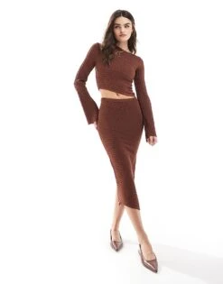 Bershka Wide Ribbed Asymetric Knitted Top And Trousers Co-ord In Brown