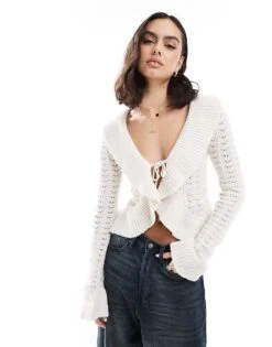 Bershka Tie Front Cardigan In Ecru For Women -Chic Maze Sales 207963383 1 ecru 1