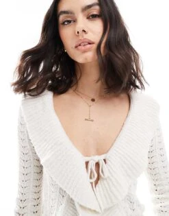 Bershka Tie Front Cardigan In Ecru For Women -Chic Maze Sales 207963383 3