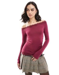 Bershka Asymetric Lace Detail Top In Burgundy For Women -Chic Maze Sales 207963389 1 burgundy 1