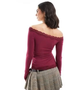 Bershka Asymetric Lace Detail Top In Burgundy For Women -Chic Maze Sales 207963389 3