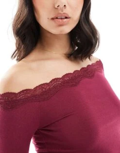 Bershka Asymetric Lace Detail Top In Burgundy For Women -Chic Maze Sales 207963389 4