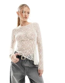 Bershka Asymetric Lace Top In Ecru For Women -Chic Maze Sales 208009536 1 ecru 1