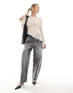 Bershka Asymetric Lace Top In Ecru For Women -Chic Maze Sales 208009536 2