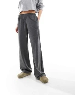 Bershka Wide Leg Soft Knit Joggers In Grey For Women -Chic Maze Sales 208009623 5