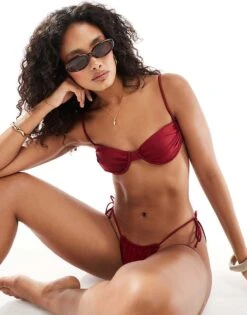 Bershka Satin Ruched Bikini Bottoms Co-ord In Burgundy For Women -Chic Maze Sales 208009635 1 burgundy 1