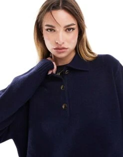 Bershka Polo Knitted Jumper In Navy For Women -Chic Maze Sales 208009729 3