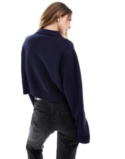 Bershka Polo Knitted Jumper In Navy For Women -Chic Maze Sales 208009729 4