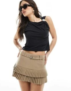 Bershka Pleated Detail Mini Skirt In Camel For Women -Chic Maze Sales 208056677 4