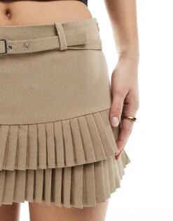 Bershka Pleated Detail Mini Skirt In Camel For Women -Chic Maze Sales 208056677 5