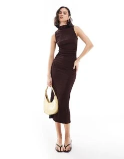 Bershka Textured High Neck Maxi Dress In Brown For Women -Chic Maze Sales 208056691 1 brown 1