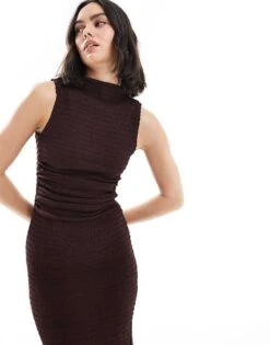Bershka Textured High Neck Maxi Dress In Brown For Women -Chic Maze Sales 208056691 2