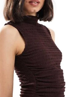 Bershka Textured High Neck Maxi Dress In Brown For Women -Chic Maze Sales 208056691 3