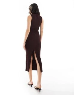 Bershka Textured High Neck Maxi Dress In Brown For Women -Chic Maze Sales 208056691 4