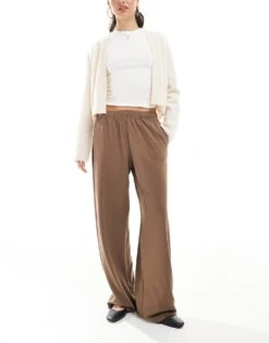 Bershka Wide Leg Soft Knit Joggers In Brown For Women -Chic Maze Sales 208056692 3