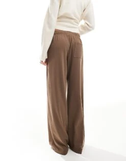 Bershka Wide Leg Soft Knit Joggers In Brown For Women -Chic Maze Sales 208056692 4